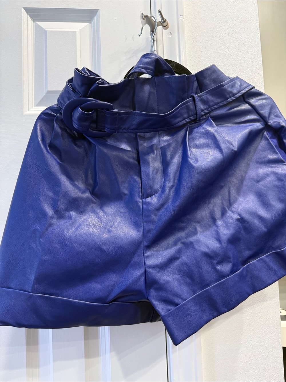 High-Rise Faux Leather Paperbag Shorts in Navy